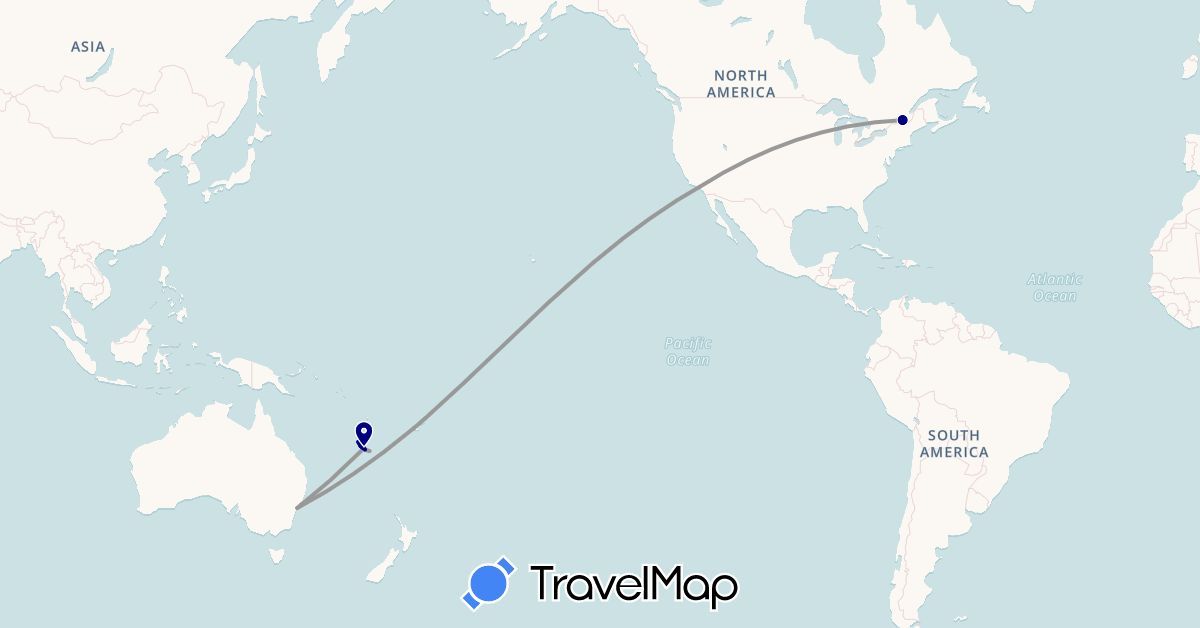 TravelMap itinerary: driving, plane in Australia, Canada, Fiji, France, New Caledonia, United States (Europe, North America, Oceania)